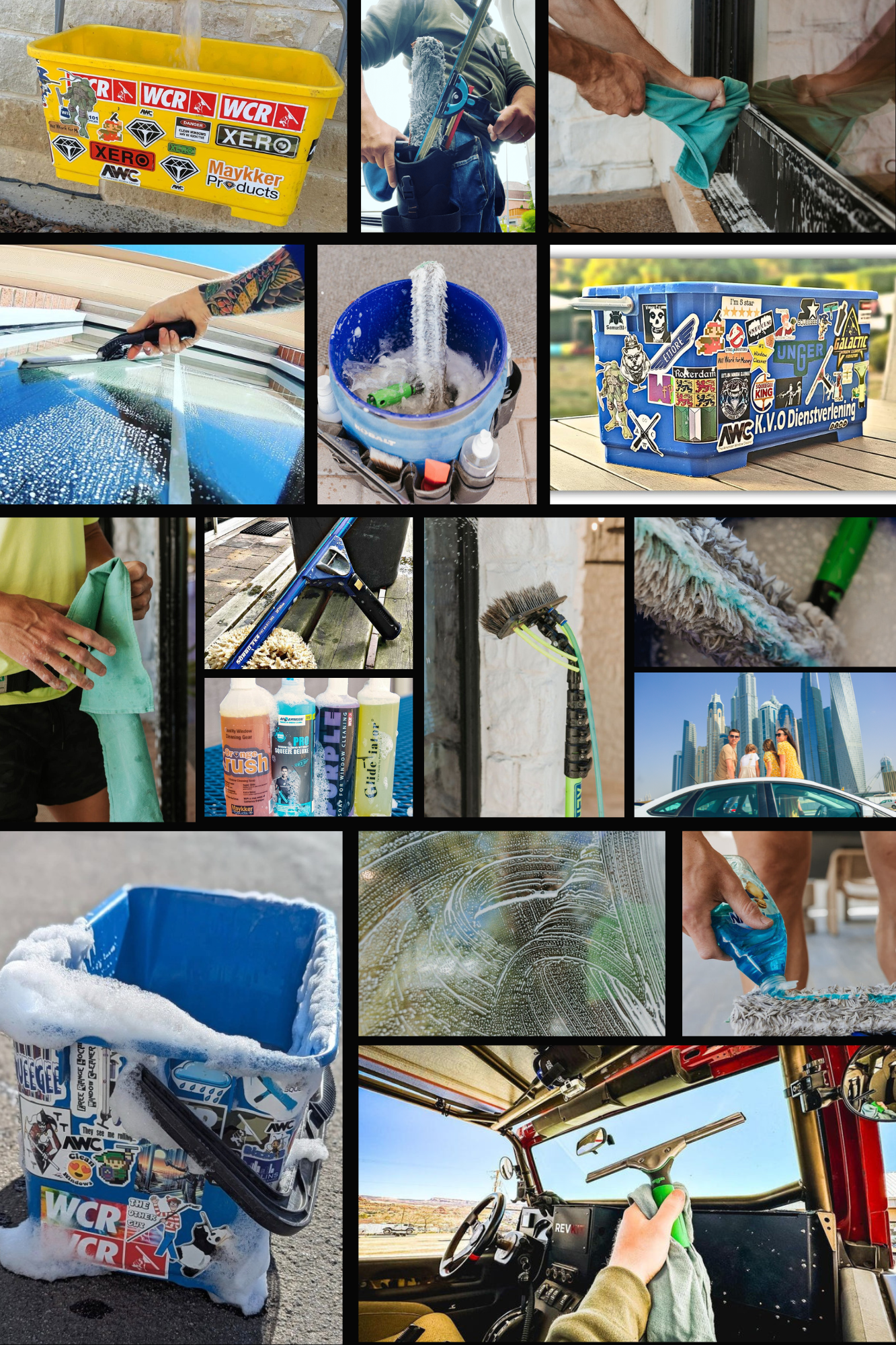 A Collage of many different window cleaning products in action!